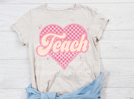 TEACH PINK CHECKERED HEART DTF TRANSFER