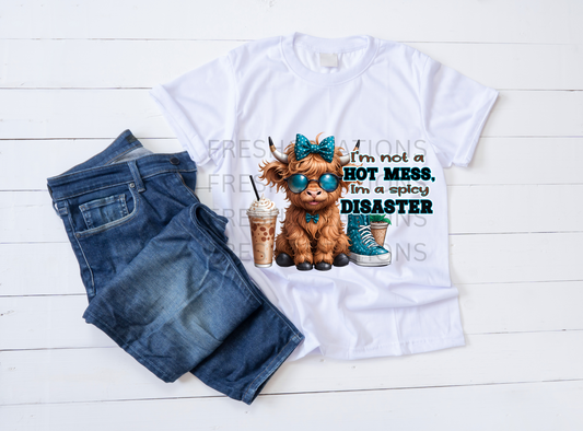 HOT MESS DISASTER COW IN TEAL DTF TRANSFER